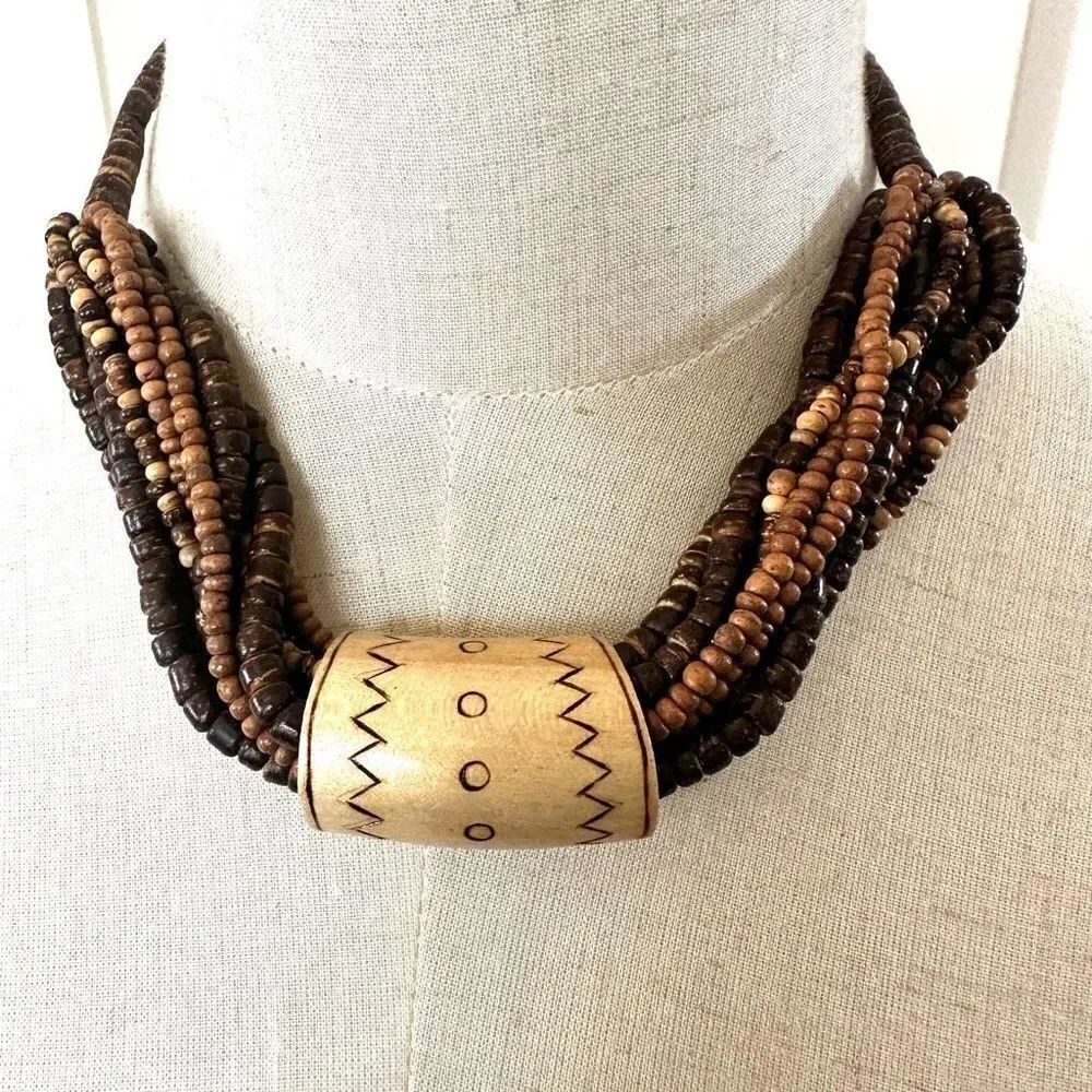 wood beaded and bone cylinder pendant necklace